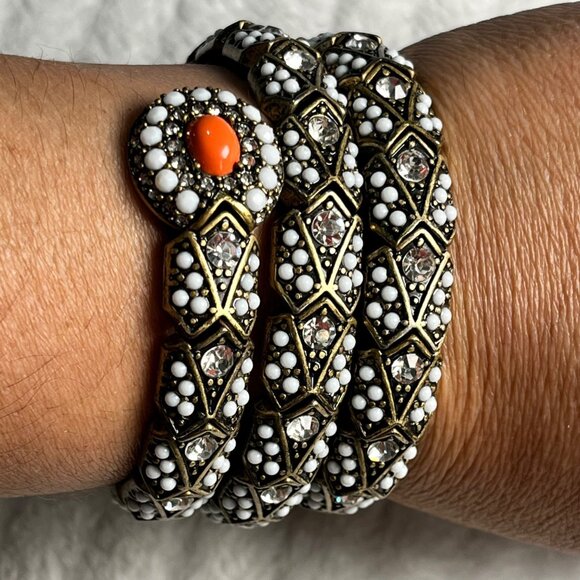 Antique Gold-Tone Snake Wrap Bracelet W/ White & Crystal Beads Orange Stone Acce - Picture 3 of 4